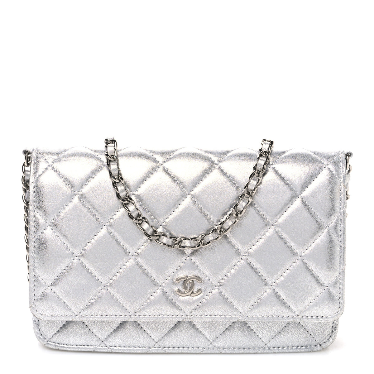 Metallic Lambskin Quilted Wallet On Chain WOC Silver