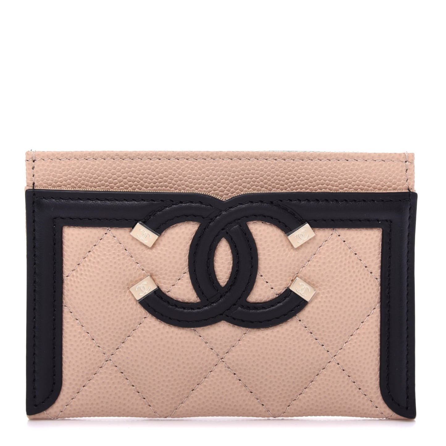 Caviar Quilted Filigree Card Holder Beige Black