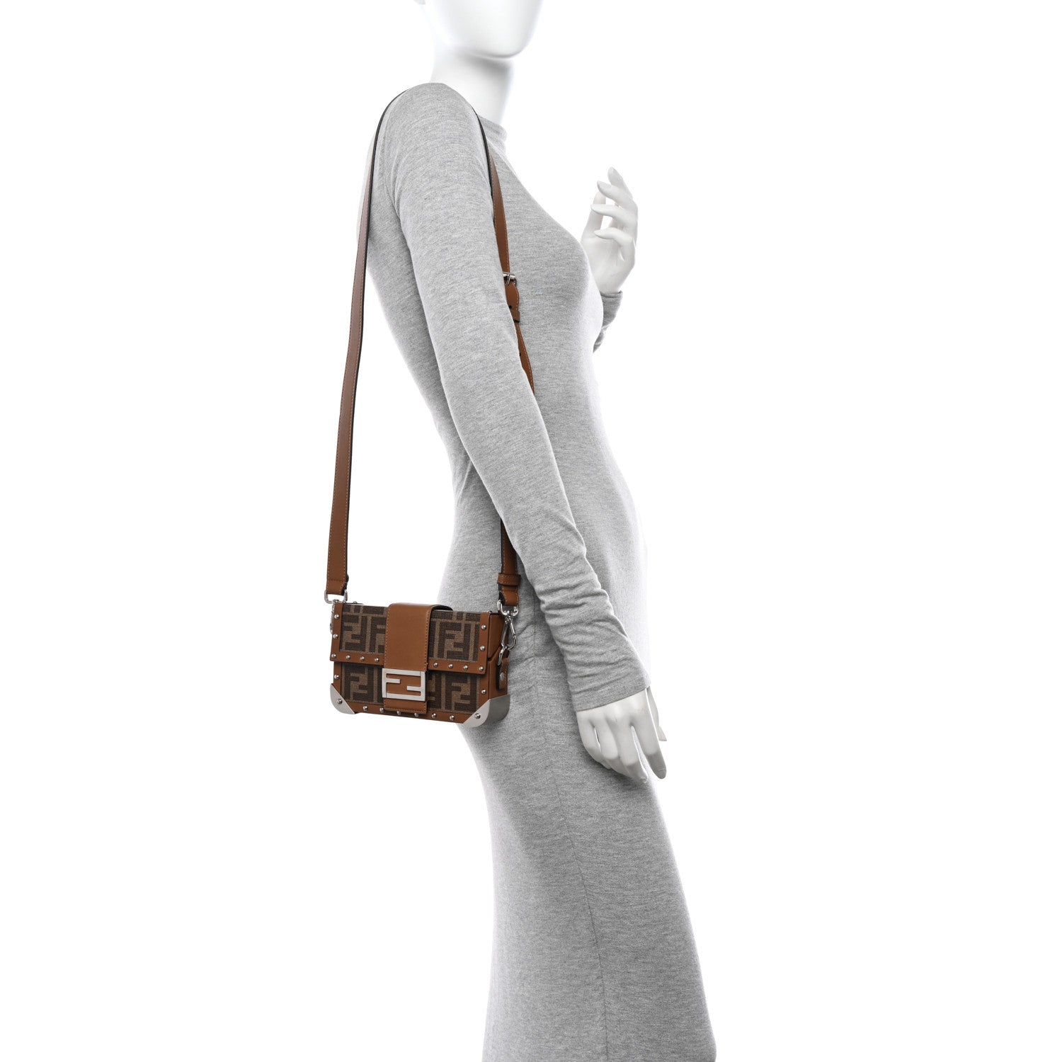 Fendi Shiny Glazed Fabric Vachetta FF 1974 Mini Baguette Trunk Mogano Panna Cuoio 2 of 12