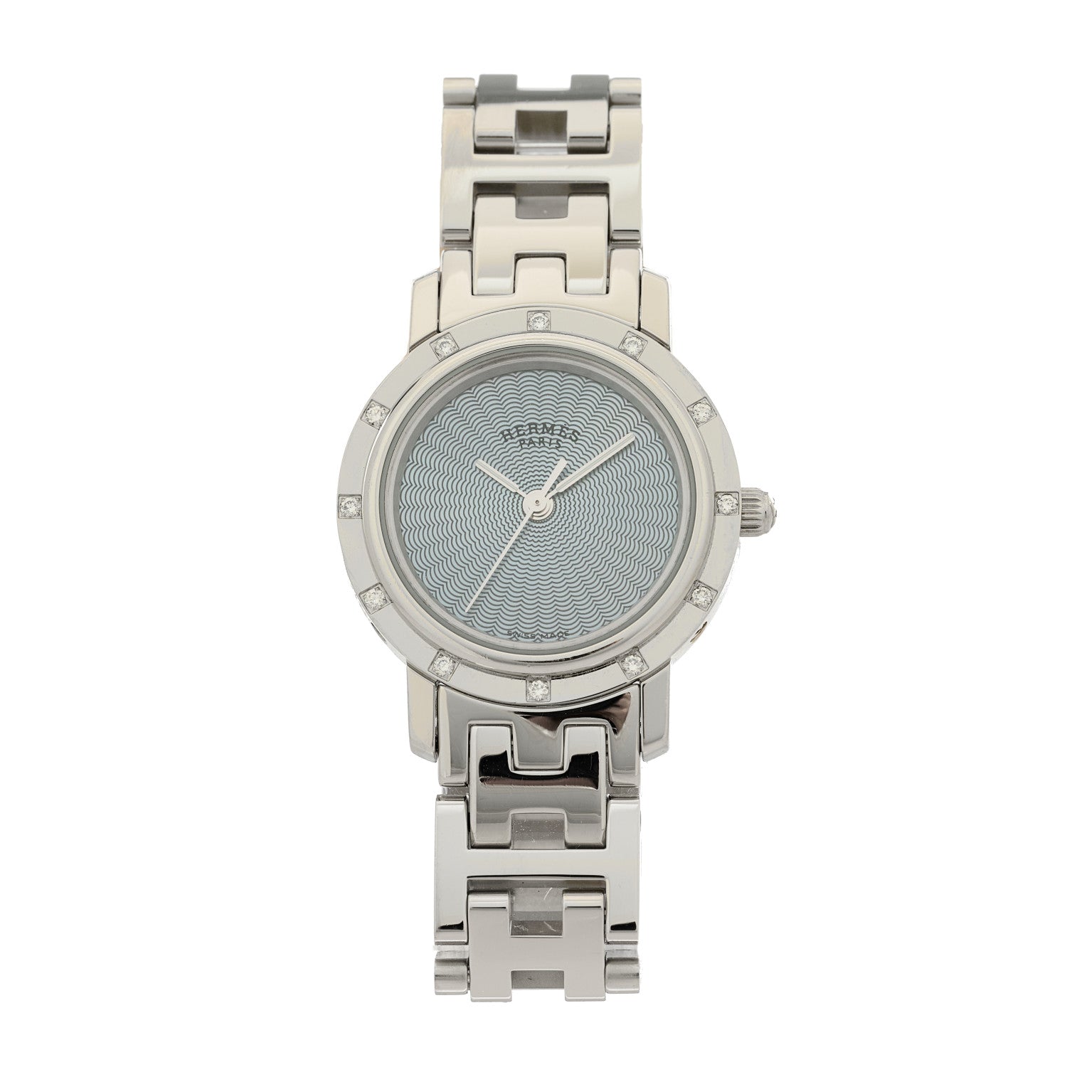 Hermes Stainless Steel Diamond Mother of Pearl 24mm Clipper Nacre Quartz Watch Blue 1 of 4