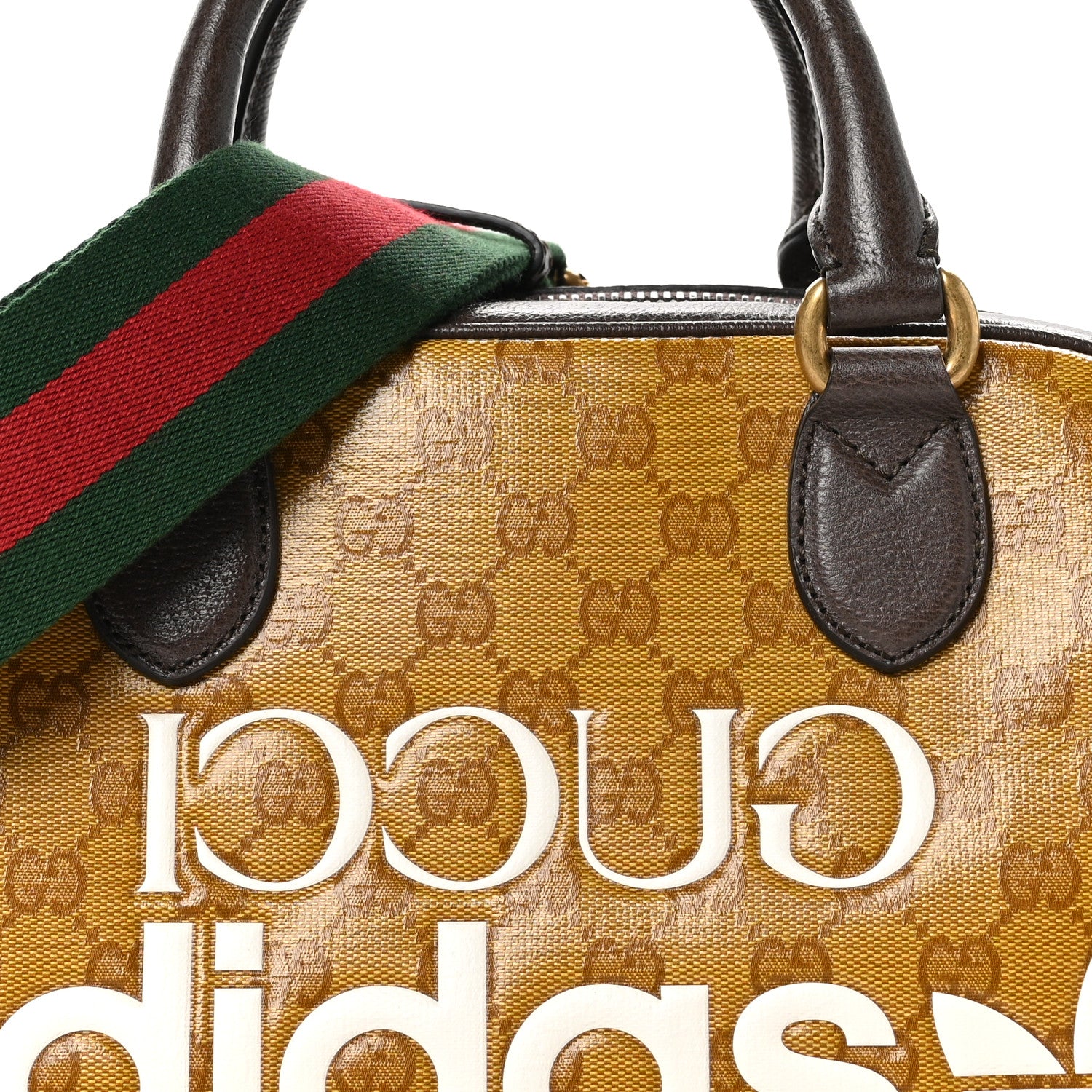 Gucci X ADIDAS Crystal Vintage Monogram Textured Dollar Calfskin Web Trefoil Logo Mini Bowling Bag Mid Natural Nut Off White New Acero 8 of 12