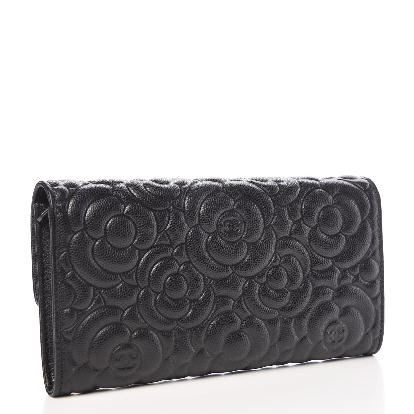 Caviar Camellia Embossed Flap Wallet Black
