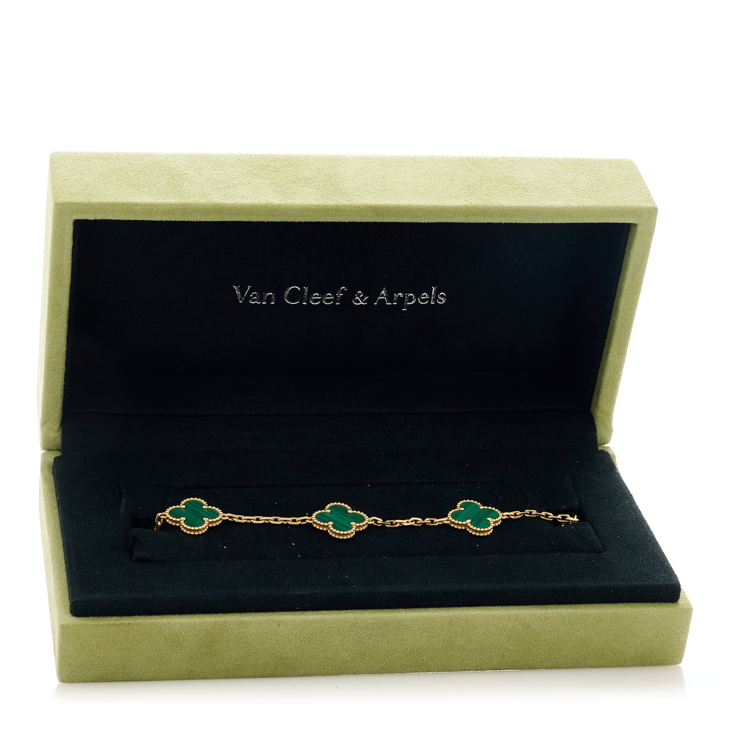 18K Yellow Gold Malachite 5 Motifs Vintage Alhambra Bracelet