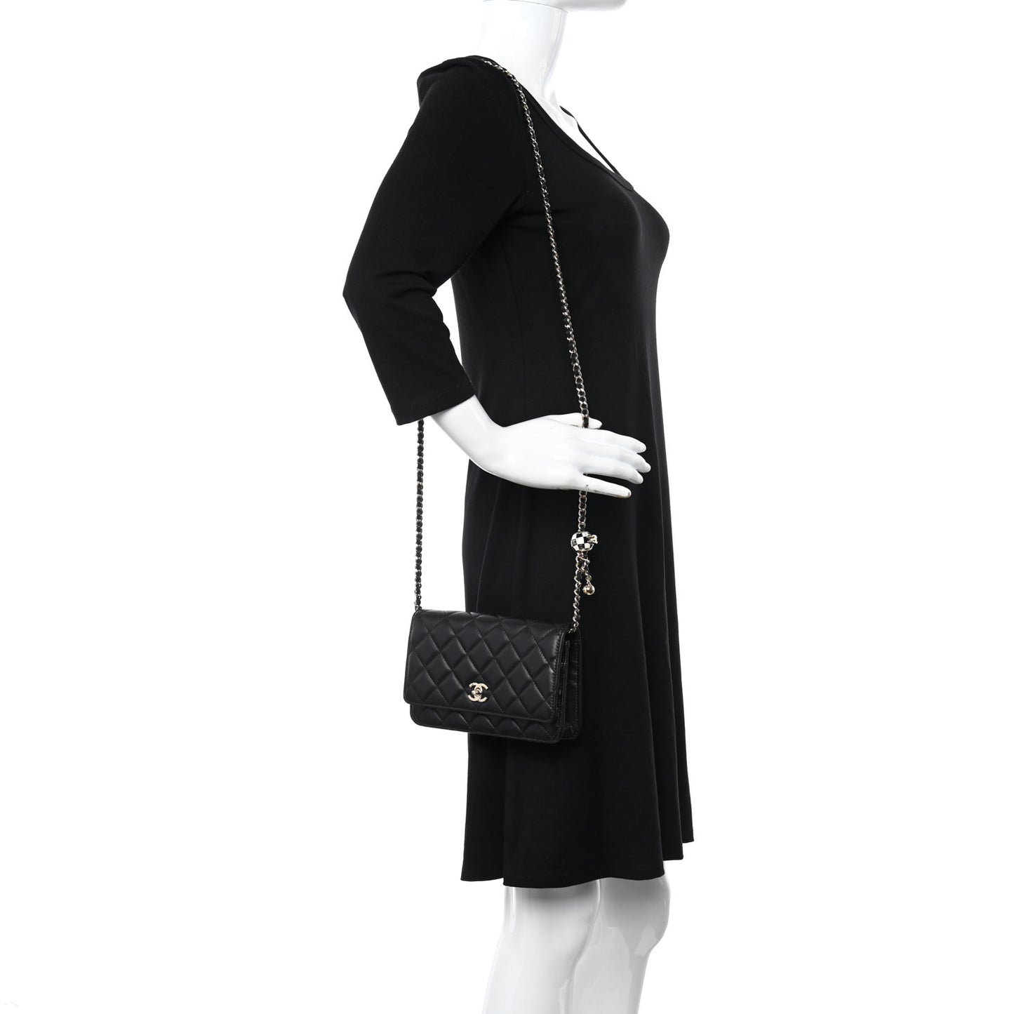 Lambskin Enamel Quilted Pearl Crush Wallet On Chain WOC Black