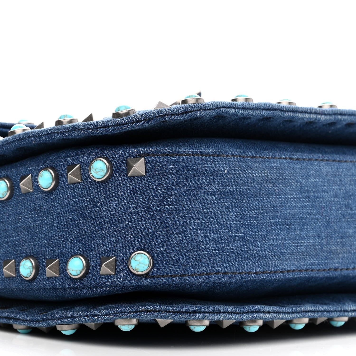 Valentino Garavani Denim Medium Guitar Strap Rockstud Rolling Flap Saddle Bag 9 of 10