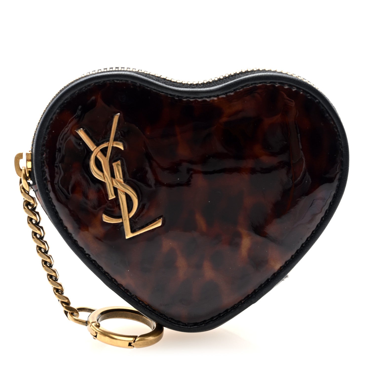 Saint Laurent Patent Leopard Print Monogram Heart Key Pouch Tortoise Brown Black 1 of 7