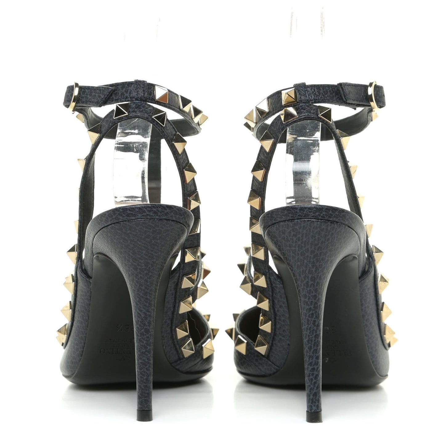 Pebbled Calfskin Rockstud Ankle Strap 100mm Pumps 36.5 Deep Denim