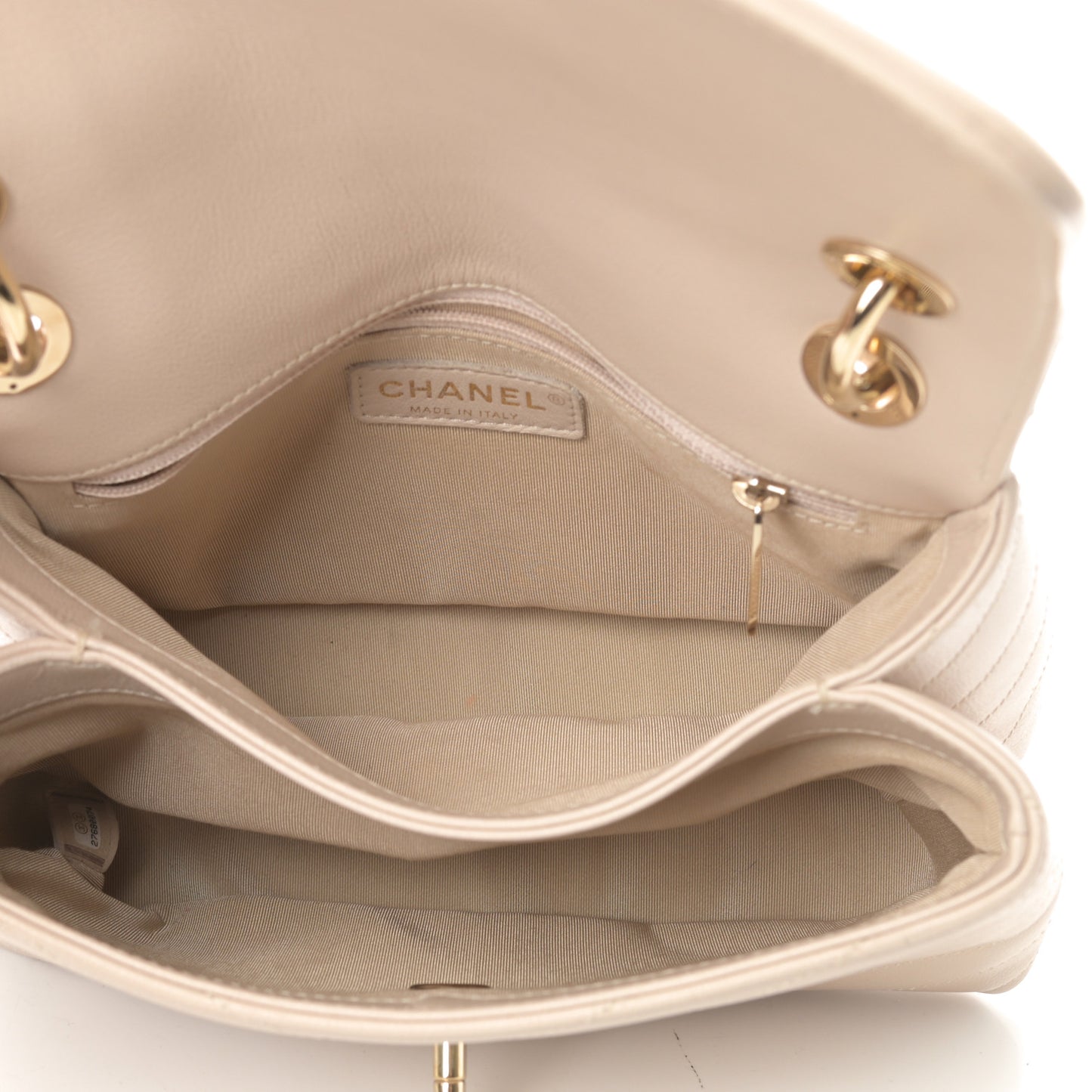Grained Calfskin Small Chevron Chic Top Handle Flap Beige