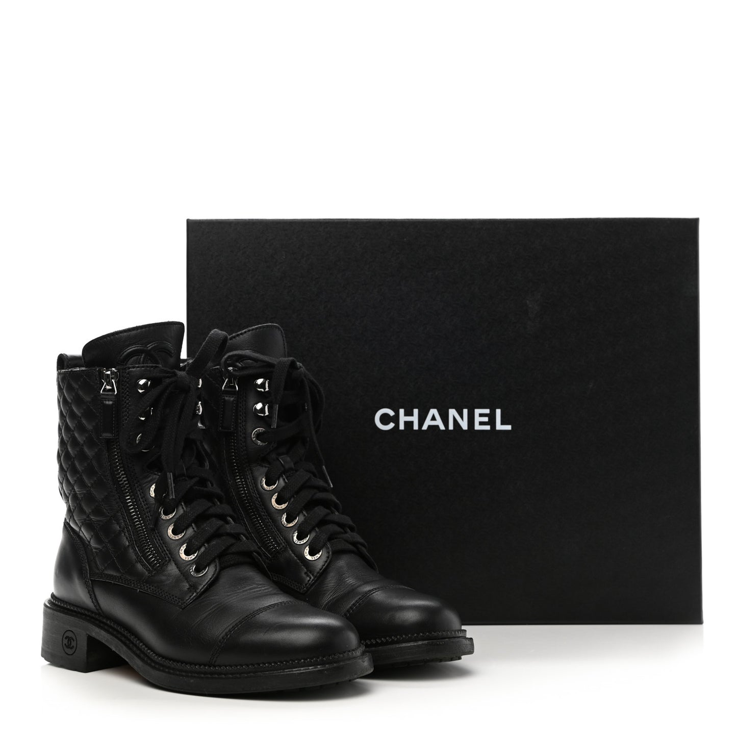 Calfskin Quilted Lace Up Combat Boots 36.5 Black