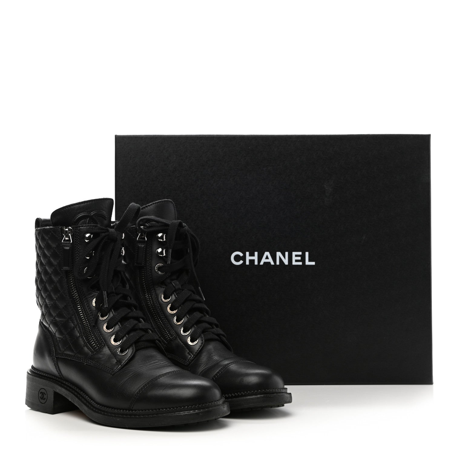 Chanel Calfskin Quilted Lace Up Combat Boots 36.5 Black 9 of 11