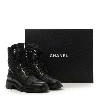 Chanel Calfskin Quilted Lace Up Combat Boots 36.5 Black 9 of 11