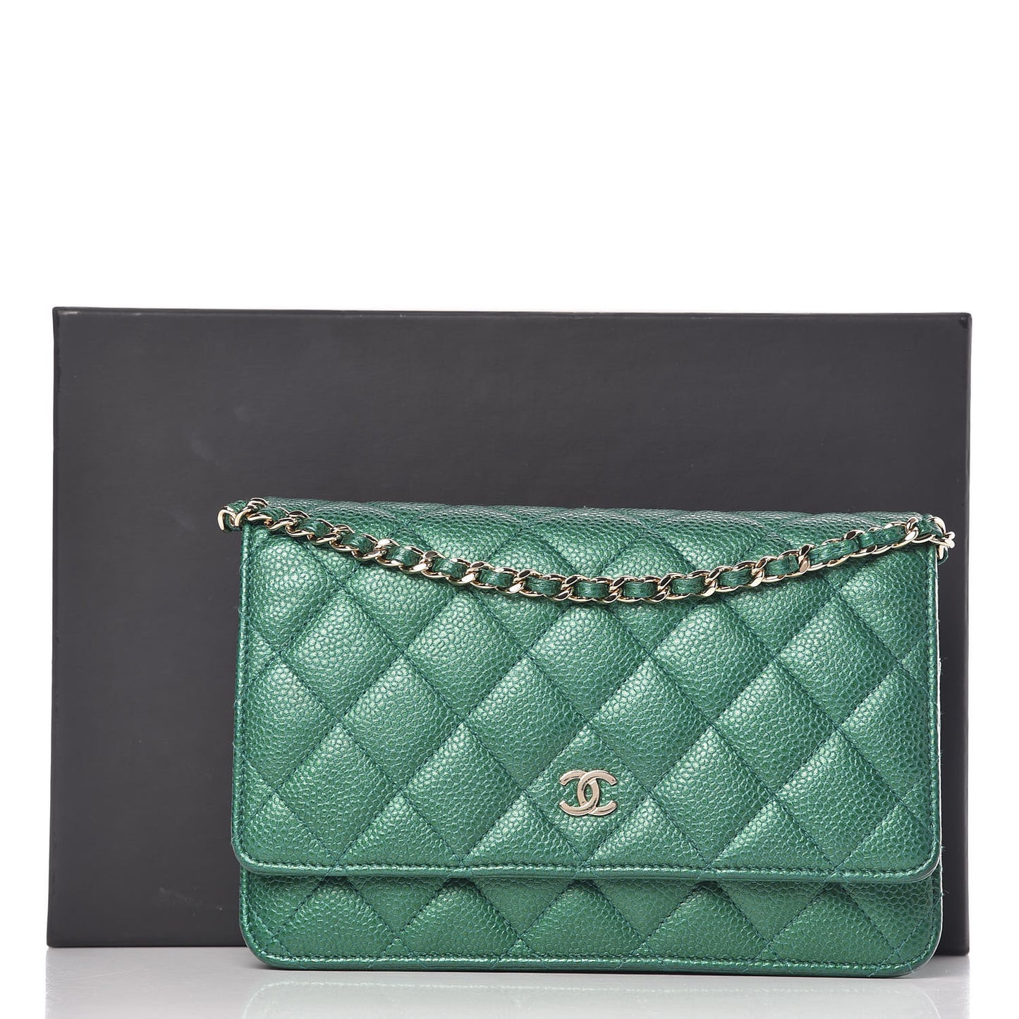 Metallic Caviar Quilted Wallet On Chain WOC Green