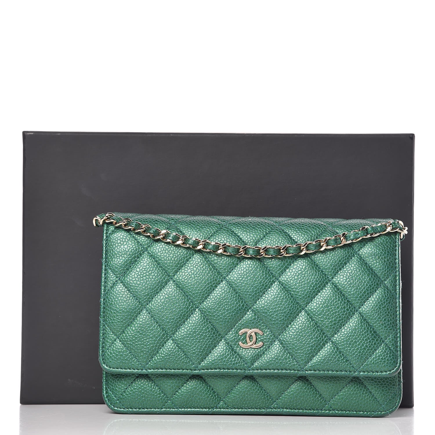 Chanel Metallic Caviar Quilted Wallet On Chain WOC Green 11 of 11