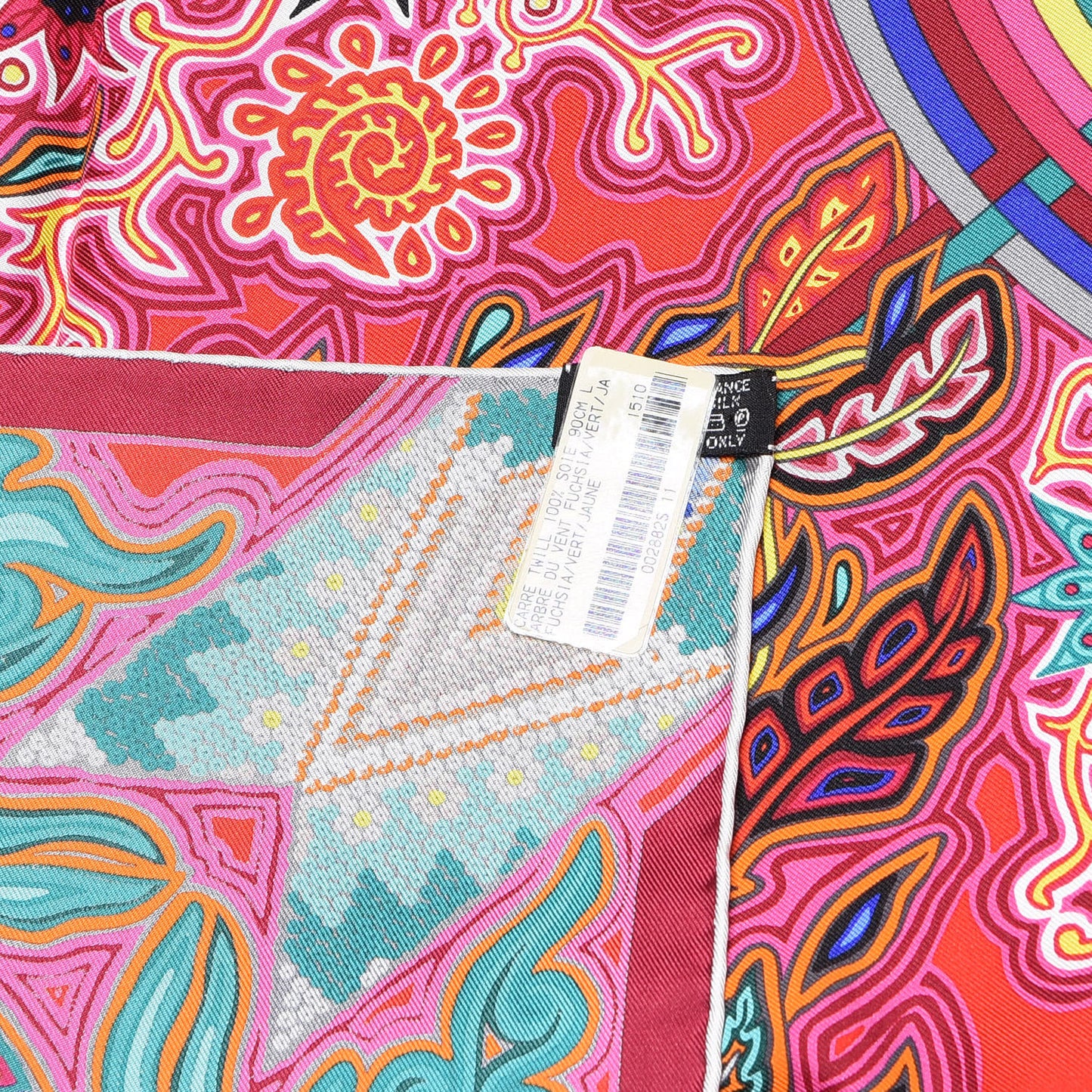 Silk Le Arbre Du Vent Scarf 90 Fuchsia Vert Jaune