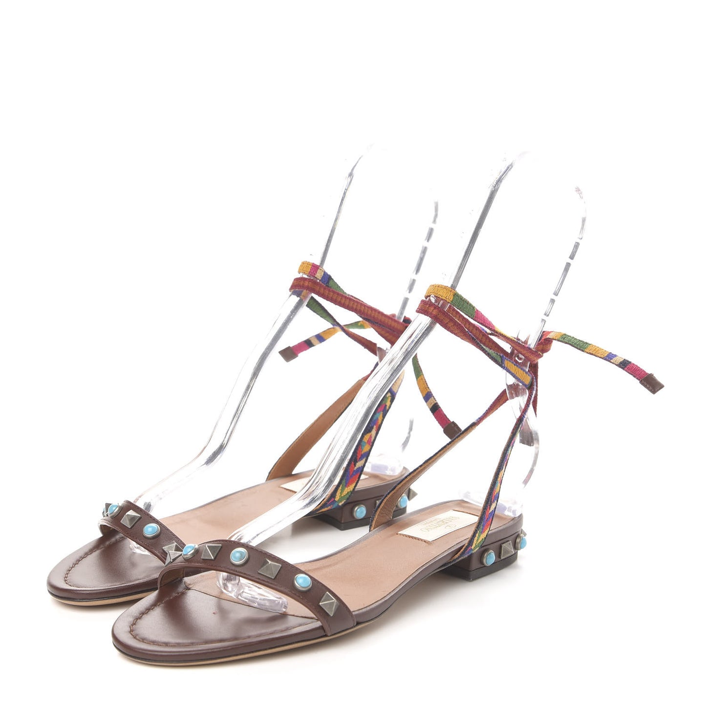Calfskin Embroidered Rockstud Rolling Wrap Sandals 35.5 Brown