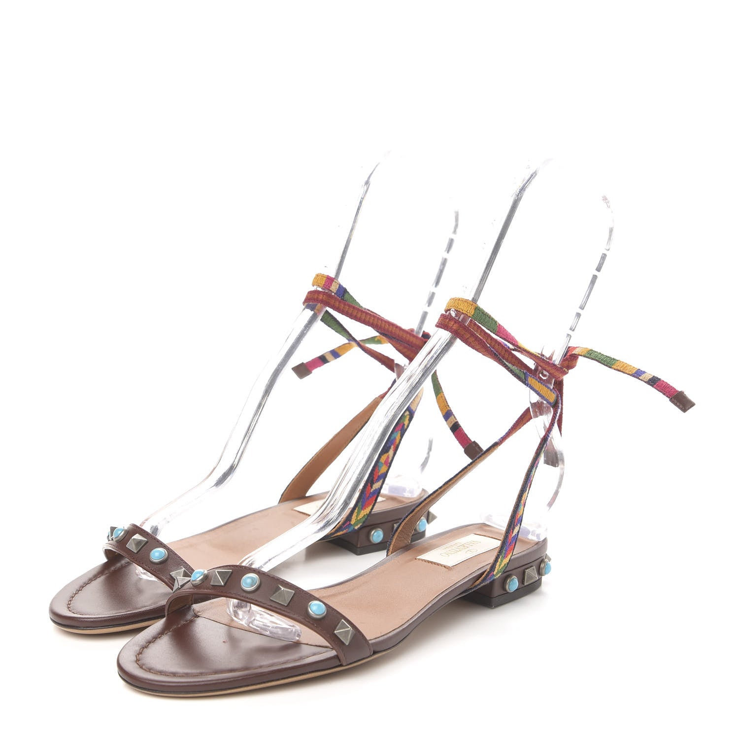 Valentino Garavani Calfskin Embroidered Rockstud Rolling Wrap Sandals 35.5 Brown 3 of 9