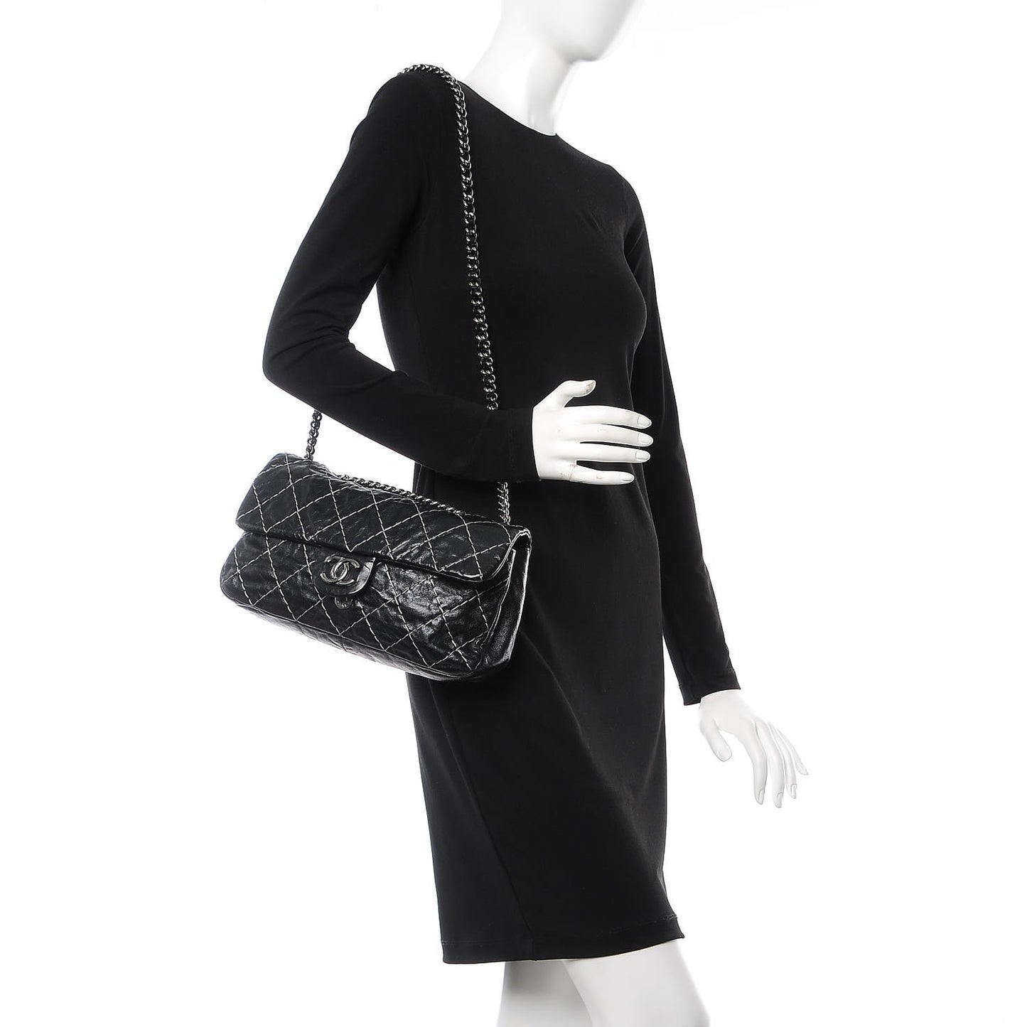 Glazed Goatskin Double Stitch Flap Black