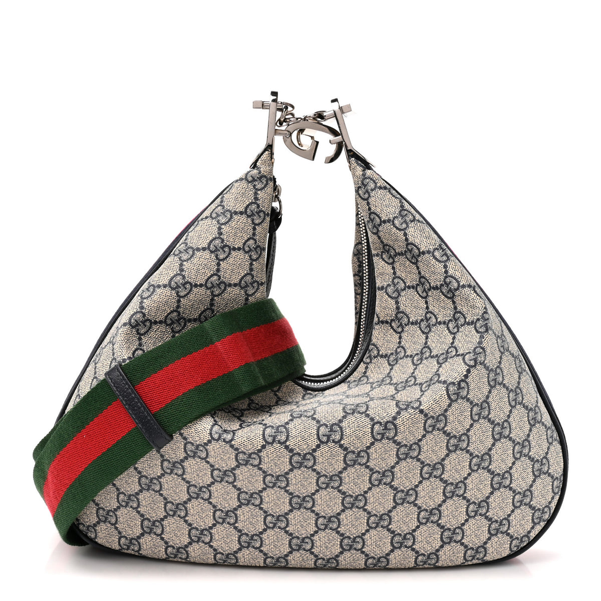 GG Supreme Monogram Textured Calfskin Web Large Attache Shoulder Bag Beige Blue