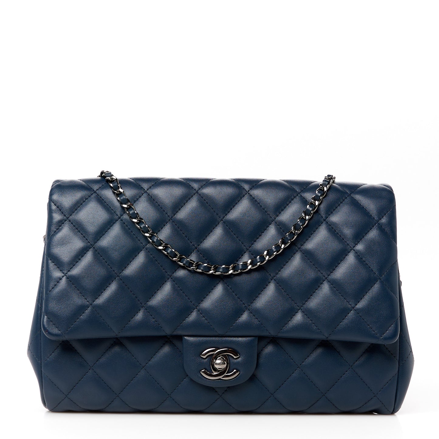 Lambskin Quilted Clutch with Chain Flap Navy