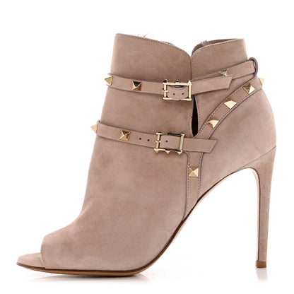 Valentino Garavani Suede Rockstud Peep Toe 100mm Ankle Boots 38.5 Poudre 1 of 13