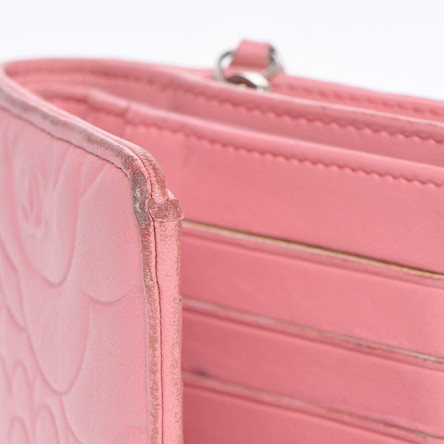 Lambskin Camellia Embossed L-Zip Pocket Wallet Pink