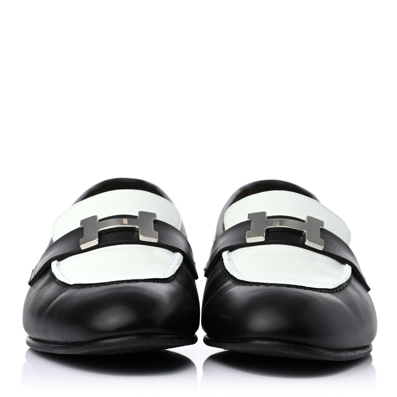 Hermes Calfskin Womens Paris Loafers 38 Black White 2 of 8