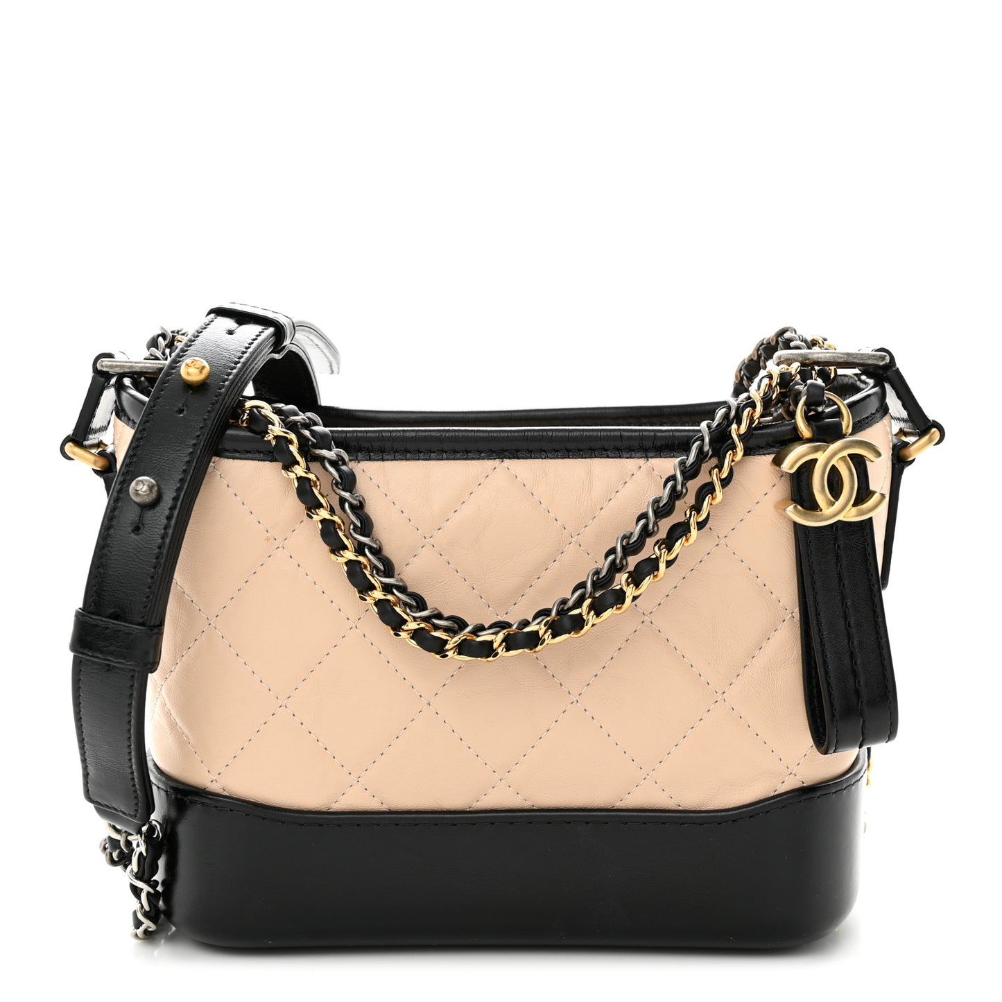 Aged Calfskin Quilted Small Gabrielle Hobo Beige Black