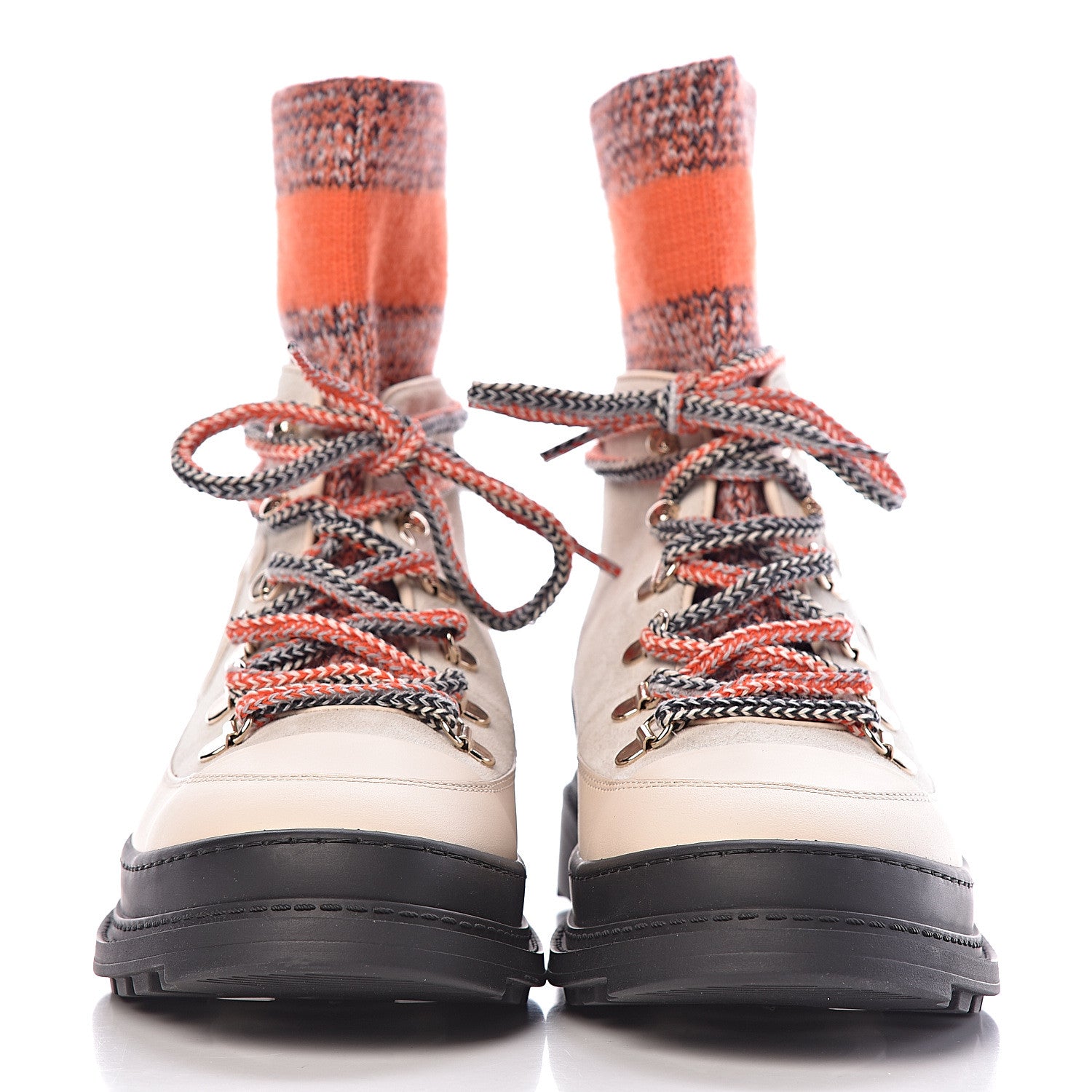 Chanel Calfskin Suede Knit CC High Top Lace Up Snow Boots 38.5 Orange Dark Grey Ivory 2 of 15