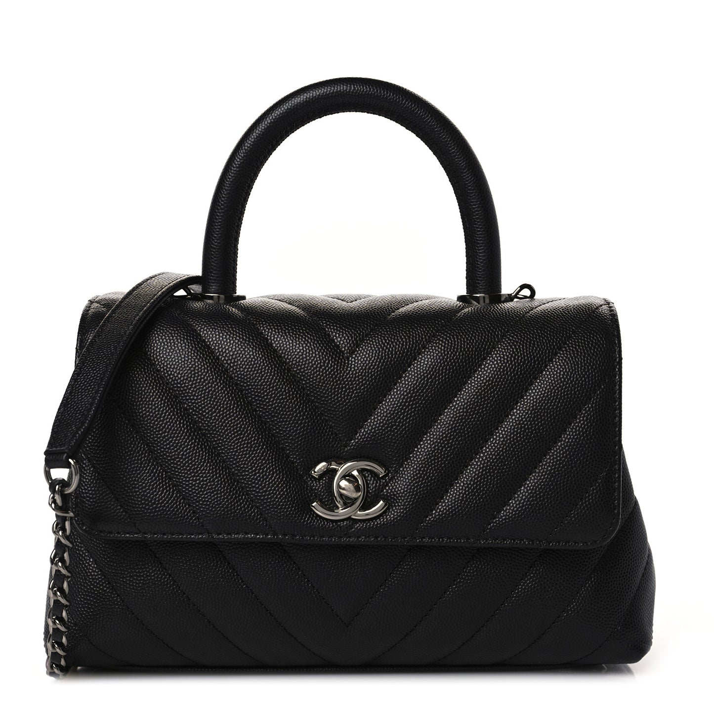 Caviar Chevron Quilted Mini Coco Handle Flap Black