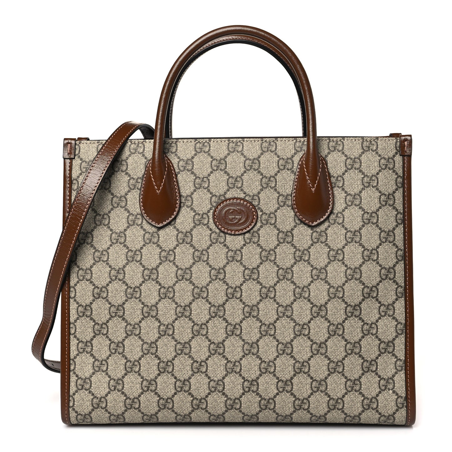 GG Supreme Monogram Azalea Calfskin Small Retro Interlocking G Tote Bag Beige Ebony Brown Sugar