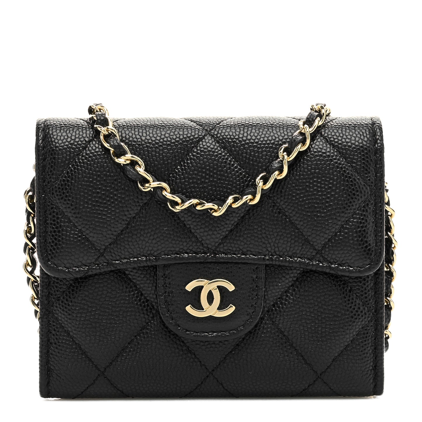 Caviar Quilted Flap Card Holder On Chain Black