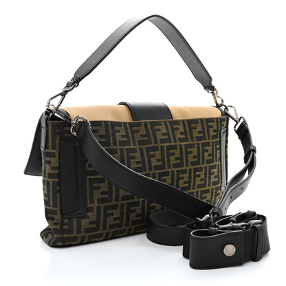 Fendi Recycled Fabric Jacquard Cotton Canvas Vitello Grace FF 1974 Large Convertible Baguette Tobacco Moro Black Beige 3 of 10