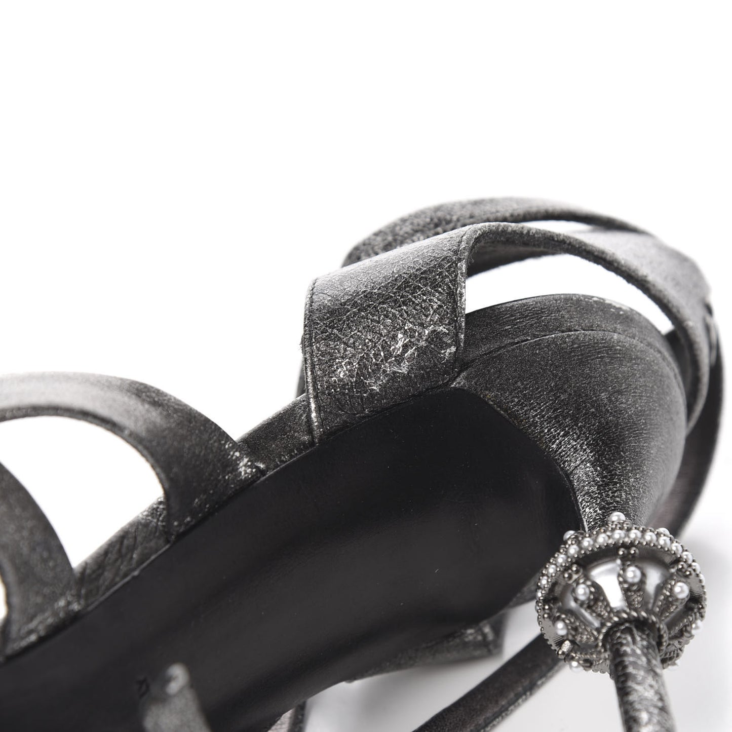 Cracked Metallic Calfskin Pearl Sandals 41 Dark Silver