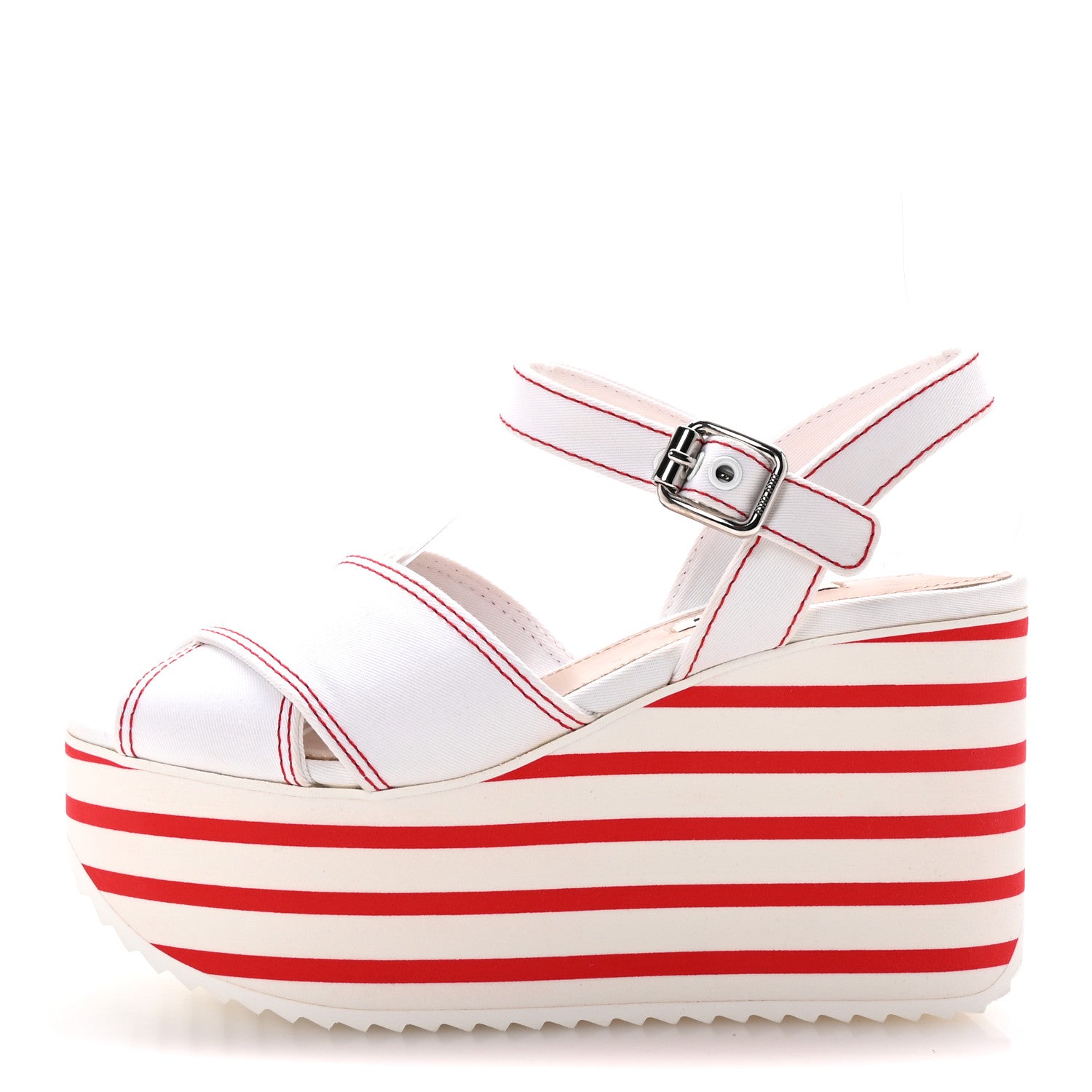Miu Miu Gabardine Striped Platform Wedge Sandals 36 White Rosso 1 of 10