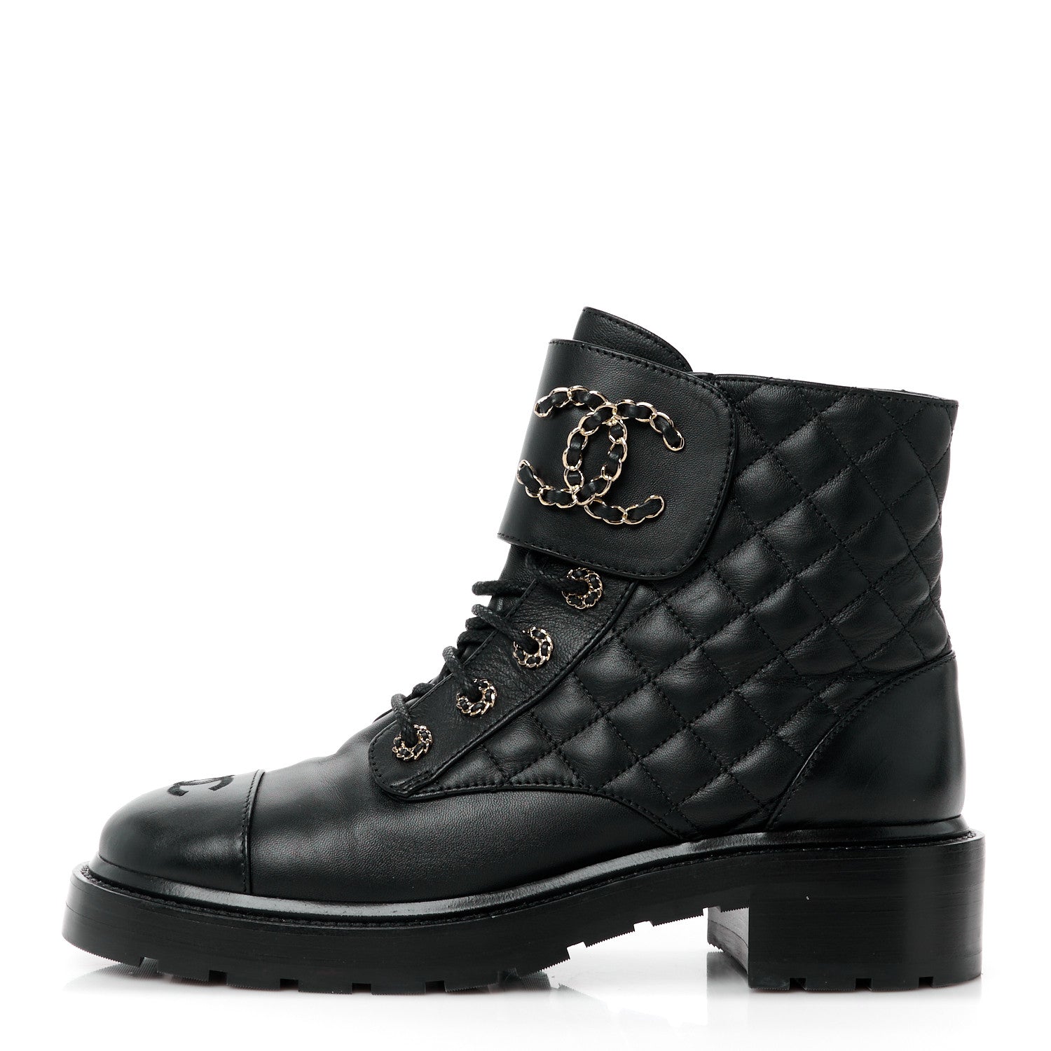 Chanel Shiny Calfskin Quilted Lace Up Combat Boots 41 Black 1 of 8