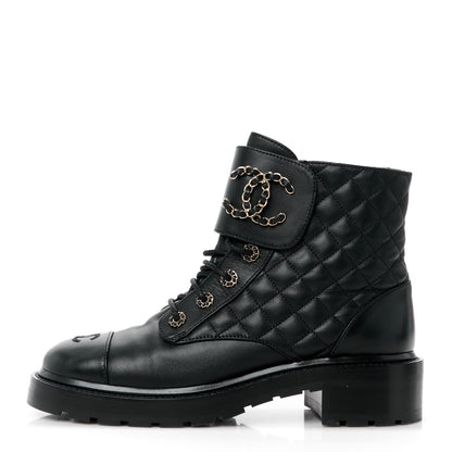 Chanel Shiny Calfskin Quilted Lace Up Combat Boots 41 Black 1 of 8