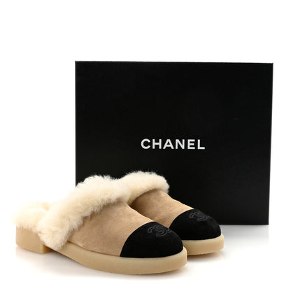 Chanel Suede Shearling CC Cap Toe Mules 36 Beige Black 10 of 10