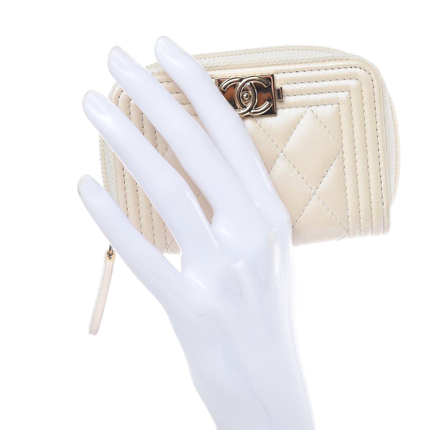 Metallic Lambskin Quilted Boy Zip Around Coin Purse Wallet Ivory