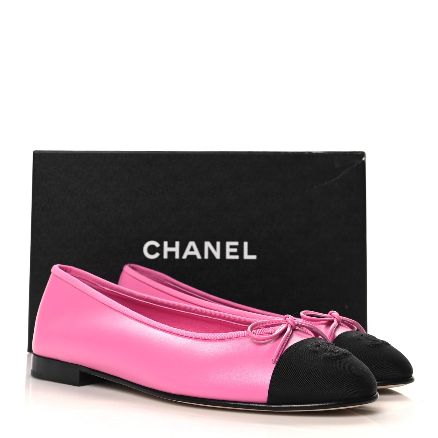 Calfskin Grosgrain Cap Toe CC Ballerina Flats 39 Pink Black