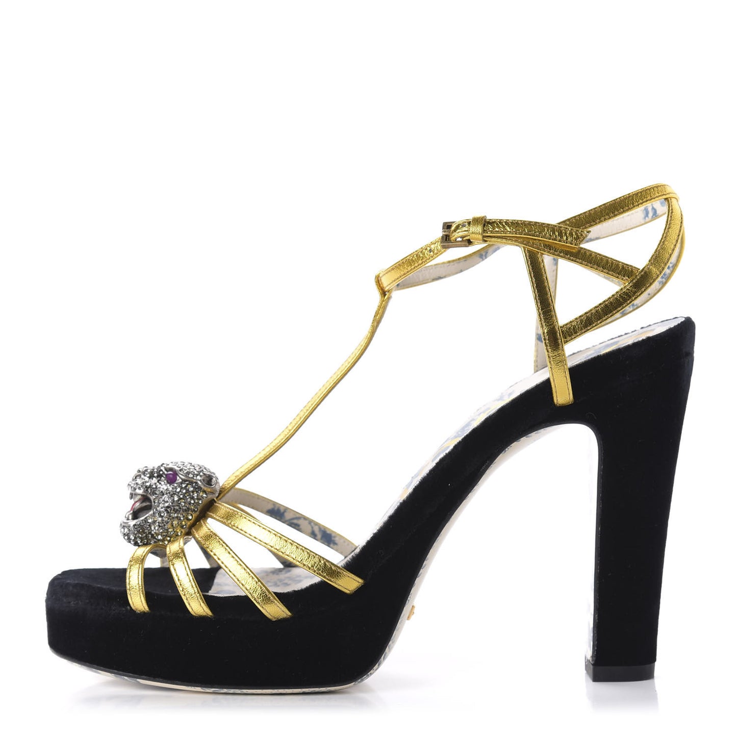 Velvet Nappa Elias T-Strap Platform High Heel Sandals 37 Black Gold