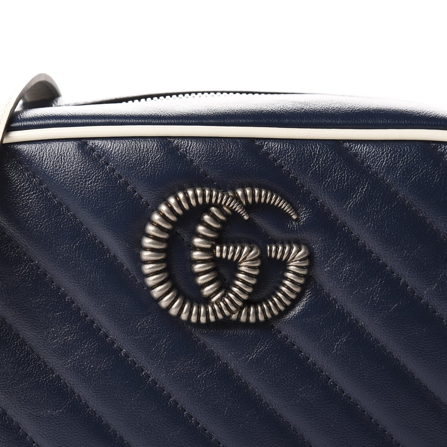 Gucci Vintage Effect Calfskin Matelasse Diagonal Small Torchon GG Marmont Chain Shoulder Bag Blue Agata Mystic White 11 of 11