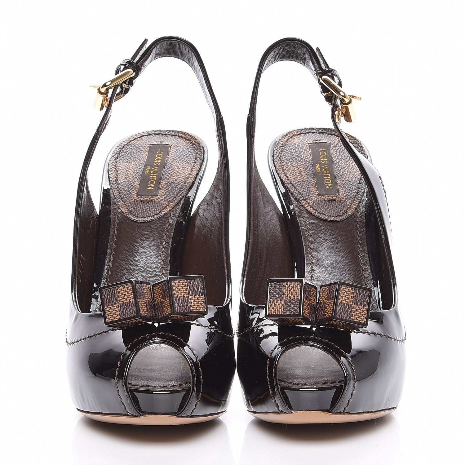 Louis Vuitton Patent Damier Ebene Saint Honore Slingback Heels 36 Brown 2 of 7