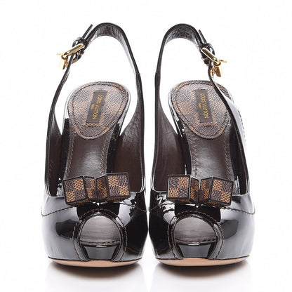 Louis Vuitton Patent Damier Ebene Saint Honore Slingback Heels 36 Brown 2 of 7