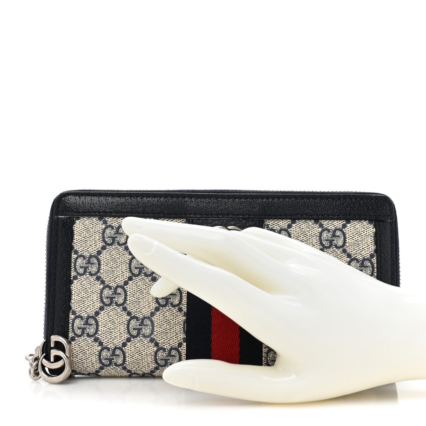GG Supreme Monogram Textured Dollar Calfskin Web Ophidia Zip Around Wallet Beige Blue
