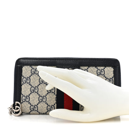 Gucci GG Supreme Monogram Textured Dollar Calfskin Web Ophidia Zip Around Wallet Beige Blue 2 of 13