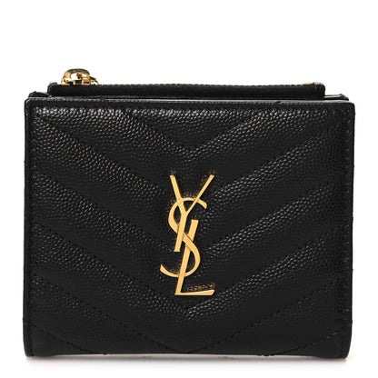 Saint Laurent Grain De Poudre Matelasse Chevron Monogram Zipped Card Case Black 1 of 8