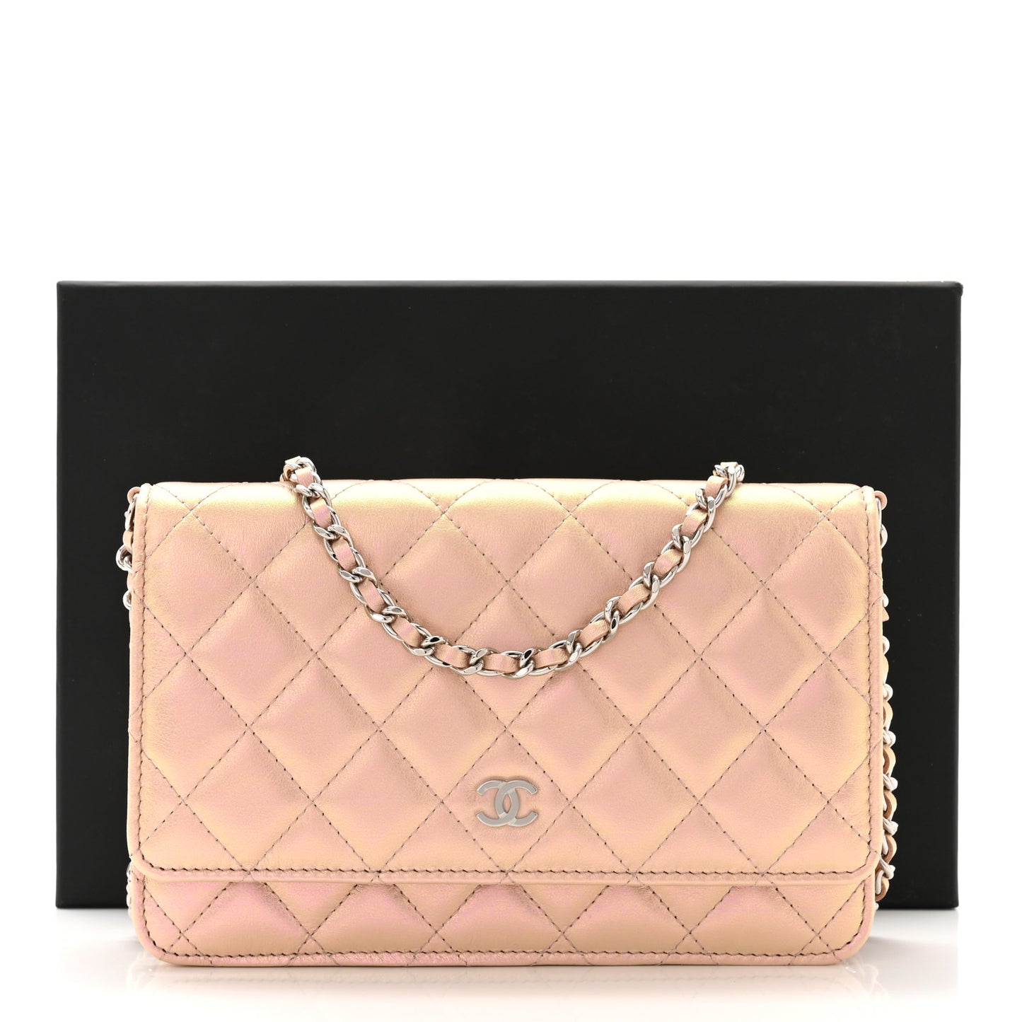 Iridescent Calfskin Quilted Wallet On Chain WOC Pink