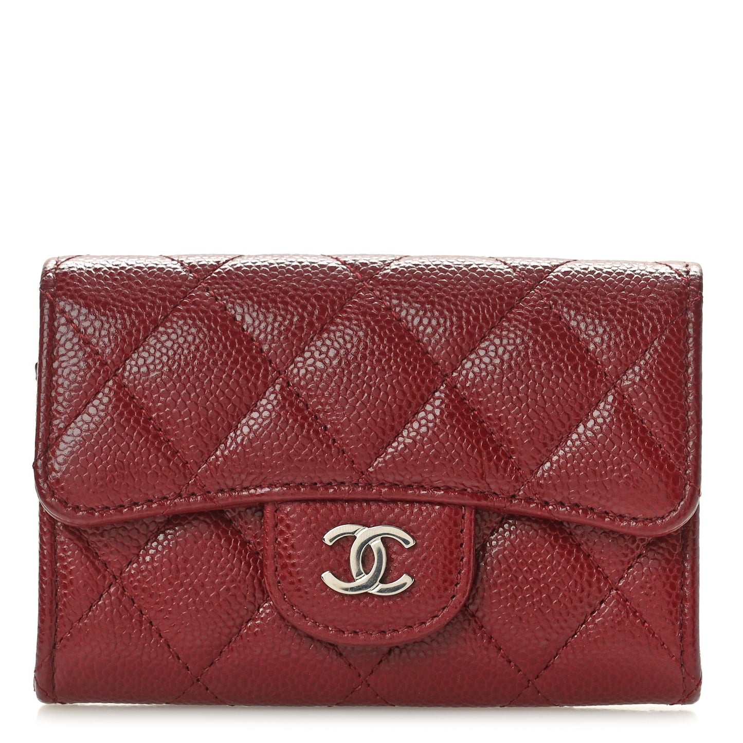 Caviar Quilted Flap Card Holder Wallet Burgundy