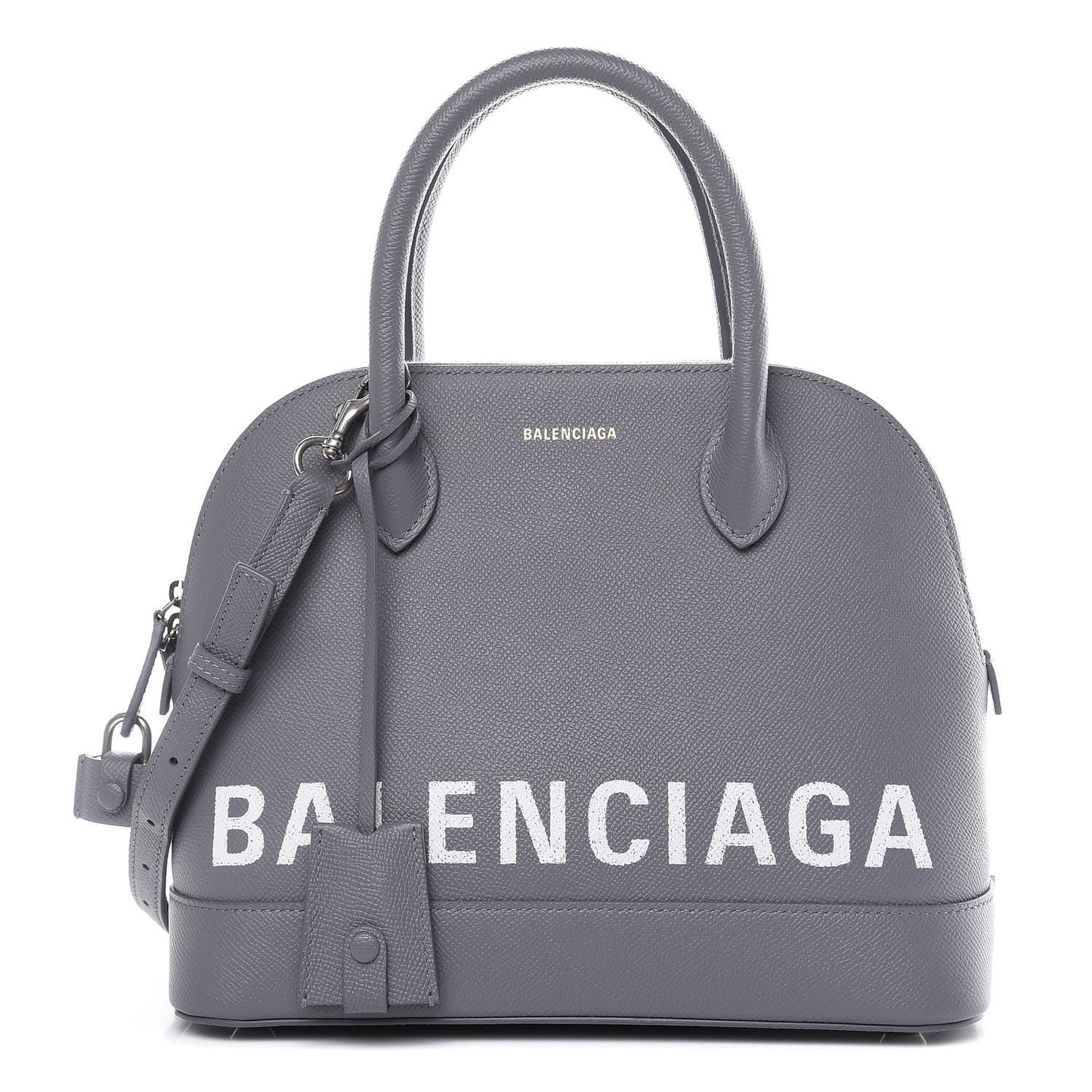 Signature Grained Calfskin Logo S Ville Top Handle Bag Gris Perle Fonce White