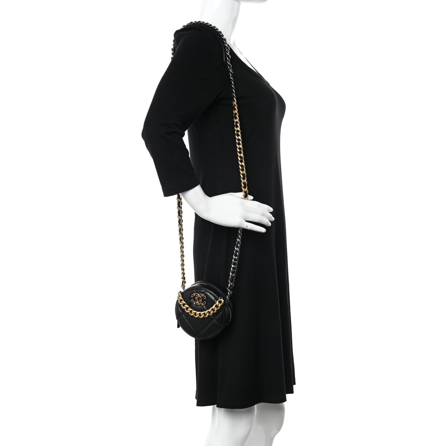Lambskin Quilted Chanel 19 Round Clutch With Chain Black